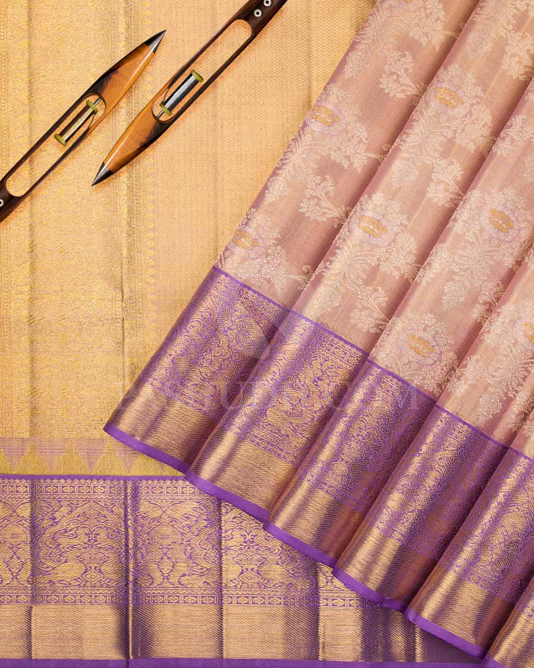Gold And Lavender Tissue Kanjivaram Silk Saree - S1169(A)