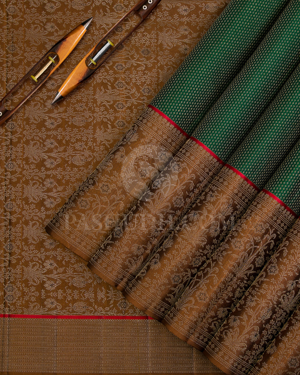 Bottle Green And Golden Brown Kanjivaram Silk Saree - DJ320(A)