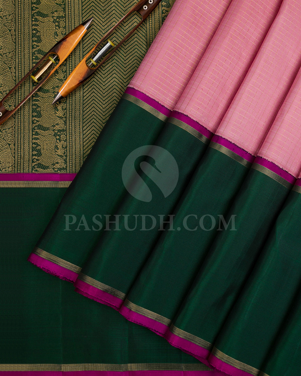 Baby Pink and Bottle Green Kanjivaram Silk Saree