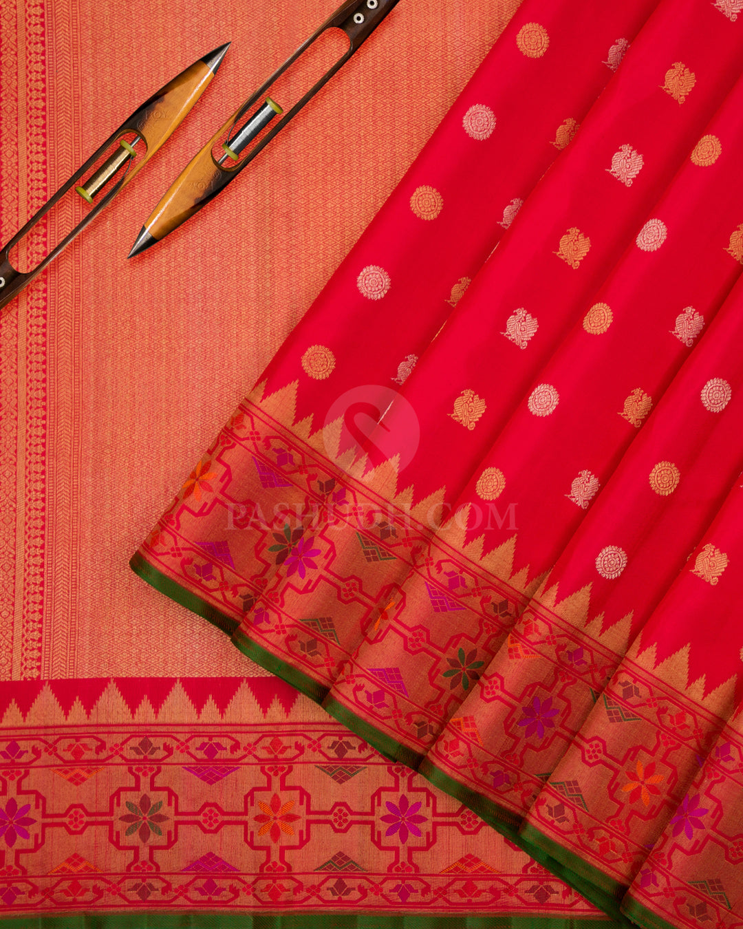 Dark Red and Green Pure Zari Kanjivaram Silk Saree - P114 - View 3