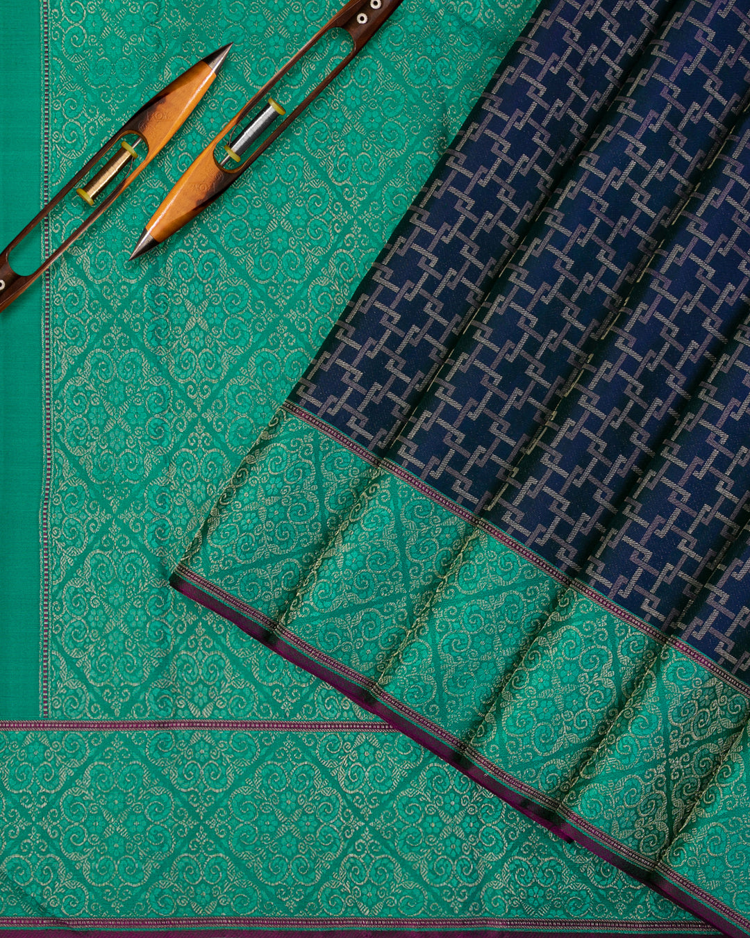 Navy Blue and Sea Green Kanjivaram Silk Saree - DJ315(A)