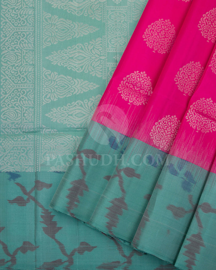 Bright Pink And Aquamarine Blue Soft Silk Saree - C7