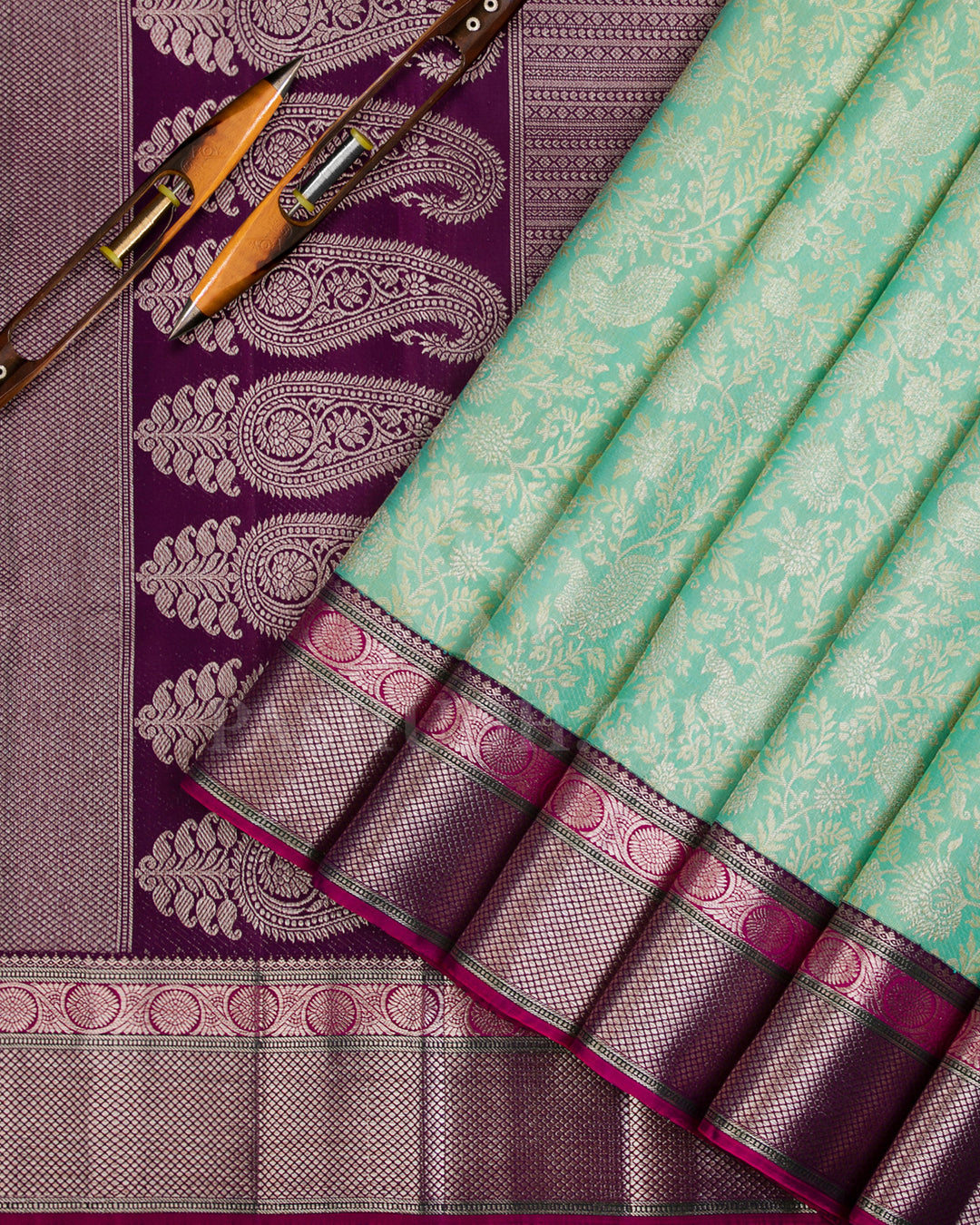 Mild Green and Maroon Kanjivaram Silk Saree - S1192(B)