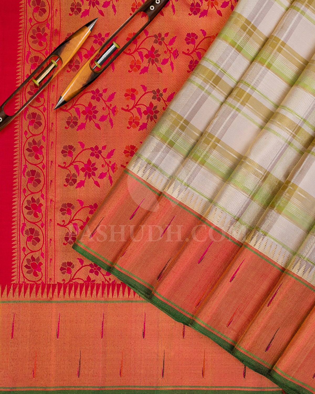 Grey , Green and Red Kanjivaram Silk Saree - P143(C)