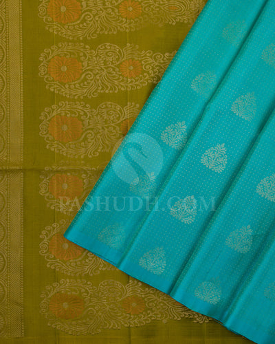 Aquamarine Blue And Mehendi Green Soft Silk Saree - C31