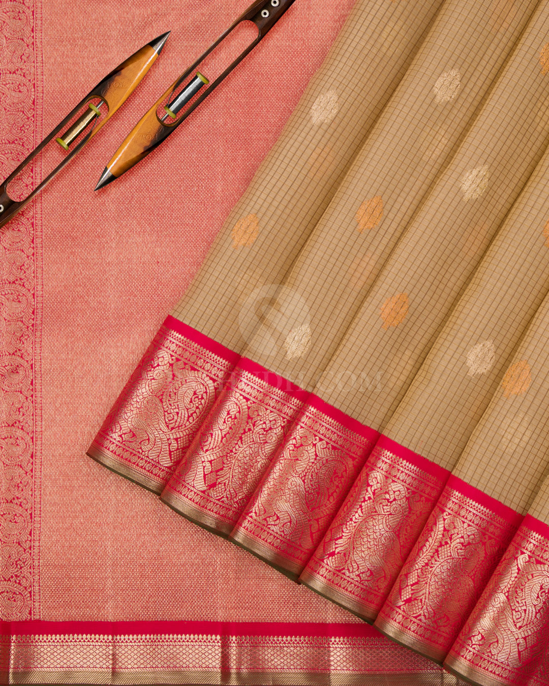 Light Khaki and Red Zari Kanjivaram Silk Saree - S846 - View 3