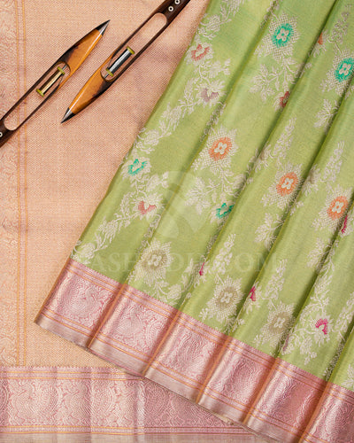 Parrot Green And Baby Pink Pure Zari Kanjivaram Silk Saree - P157(A) - View 2