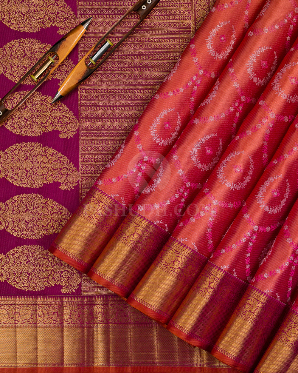 Orange And Magenta Kanjivaram Silk Saree - D541(A) - View 1