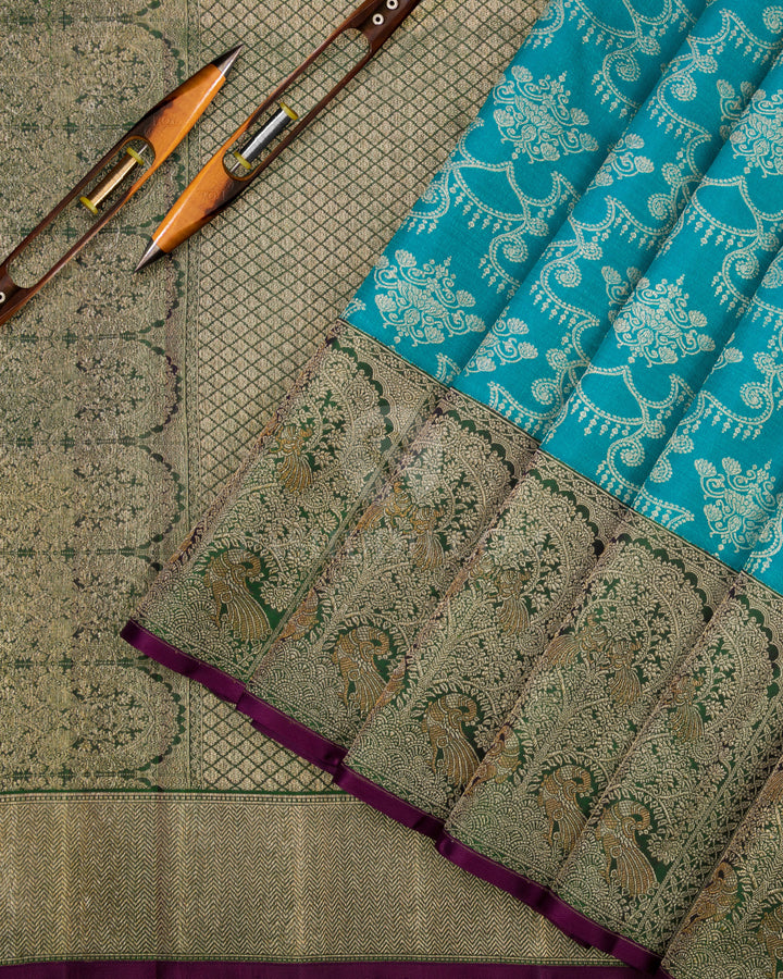 Anandha Blue and Forest Green Kanjivaram Silk Saree - S848 - View 3