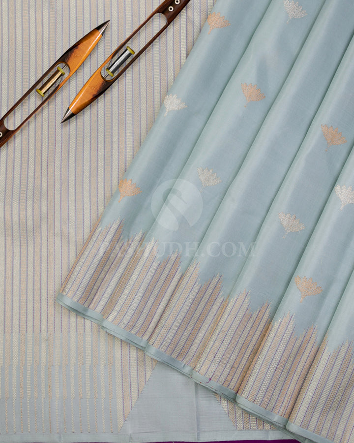 Mild Powder Blue & Violet Kanjivaram Silk Saree - S1026(A) - View 2
