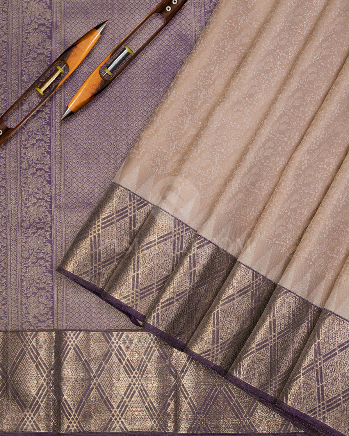 Beige & Purple Kanjivaram Silk Saree - DT243(A) - View 1 