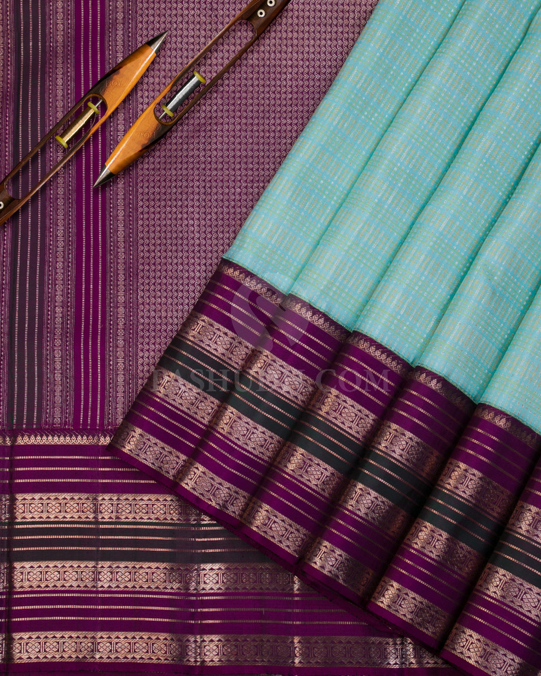 Sky Blue & Violet Kanjivaram Silk Saree - S965 - View 2
