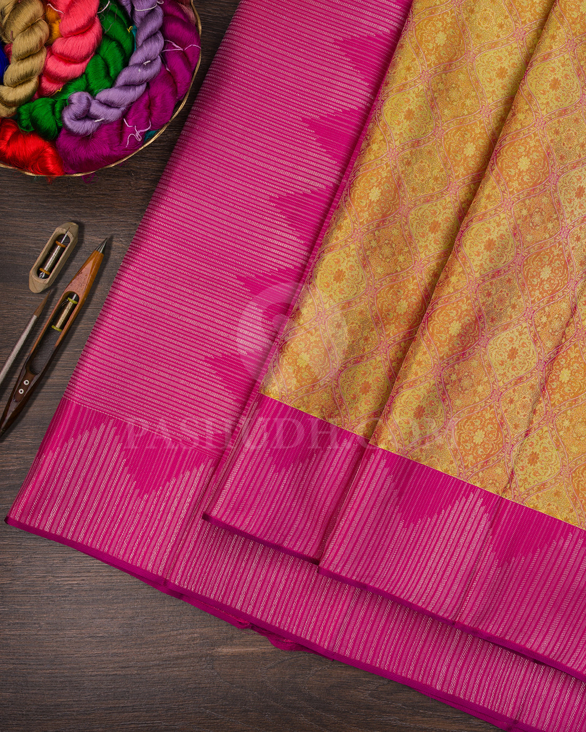 Dual Toned Yellow And Rani Pink Kanjivaram Silk Saree - D601(B)