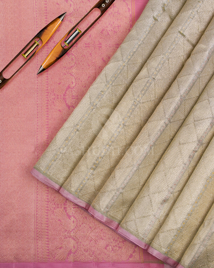 Mild Gold & Pink Organza Kanjivaram Silk Saree - S1124(A) - View 2