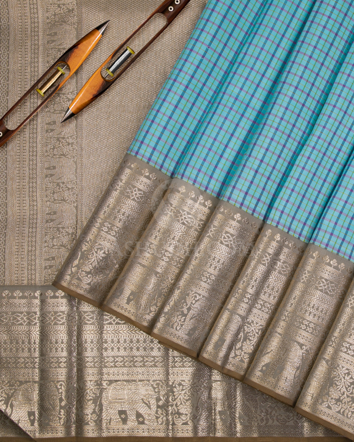 Sky Blue & Grey Kanjivaram Silk Saree - S1104(A) - View 2