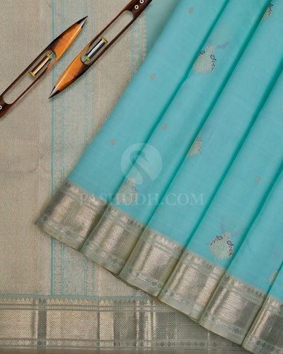 Pastel Sky Blue & Ivory Kanjivaram Silk Saree - S1100(A) - View 2