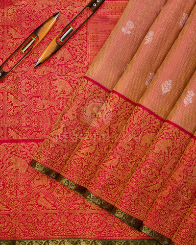 Light Pink & Red Pure Zari Kanjivaram Silk Saree - P135(A) - View 2