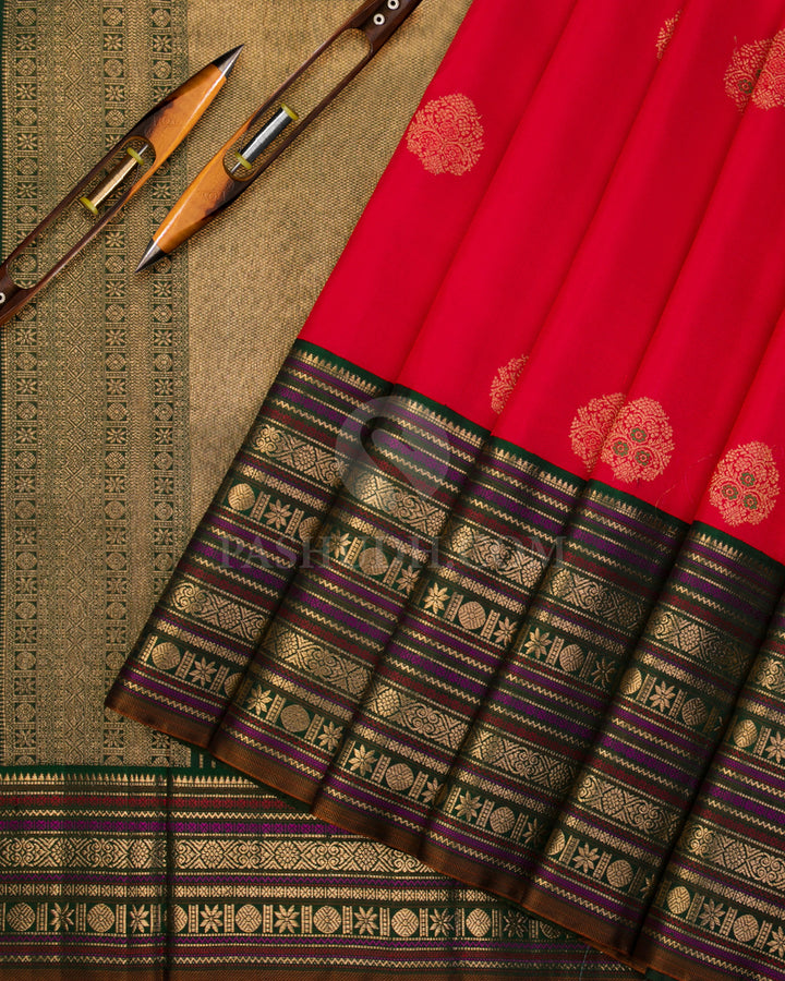 Red & Dark Green Kanjivaram Silk Saree - S1015(A) - View 2