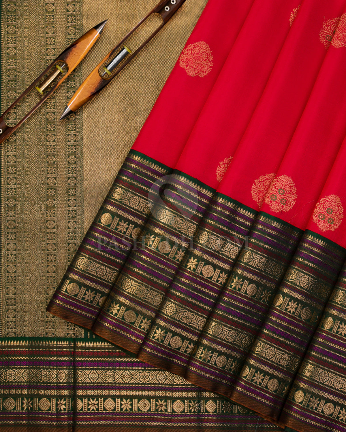 Red & Dark Green Kanjivaram Silk Saree - S1015(A) - View 2