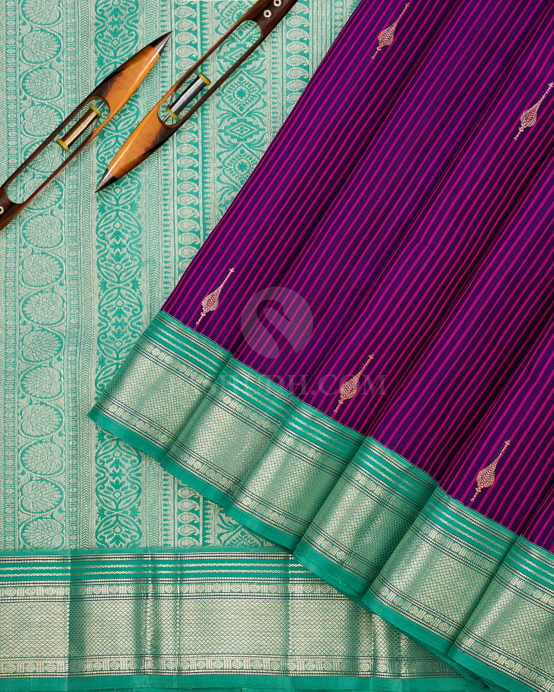 Navy Blue, Rani Pink & Sky Blue Kanjivaram Silk Saree - S873 - View 3