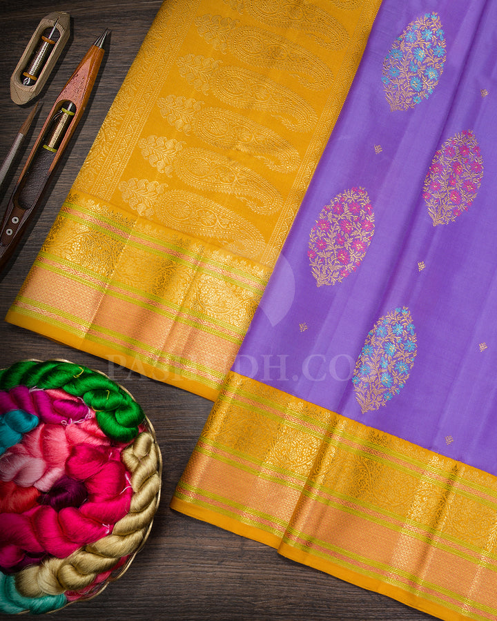 Irish Purple With Mustard Yellow Kanjivaram Silk Saree-S1696(B)
