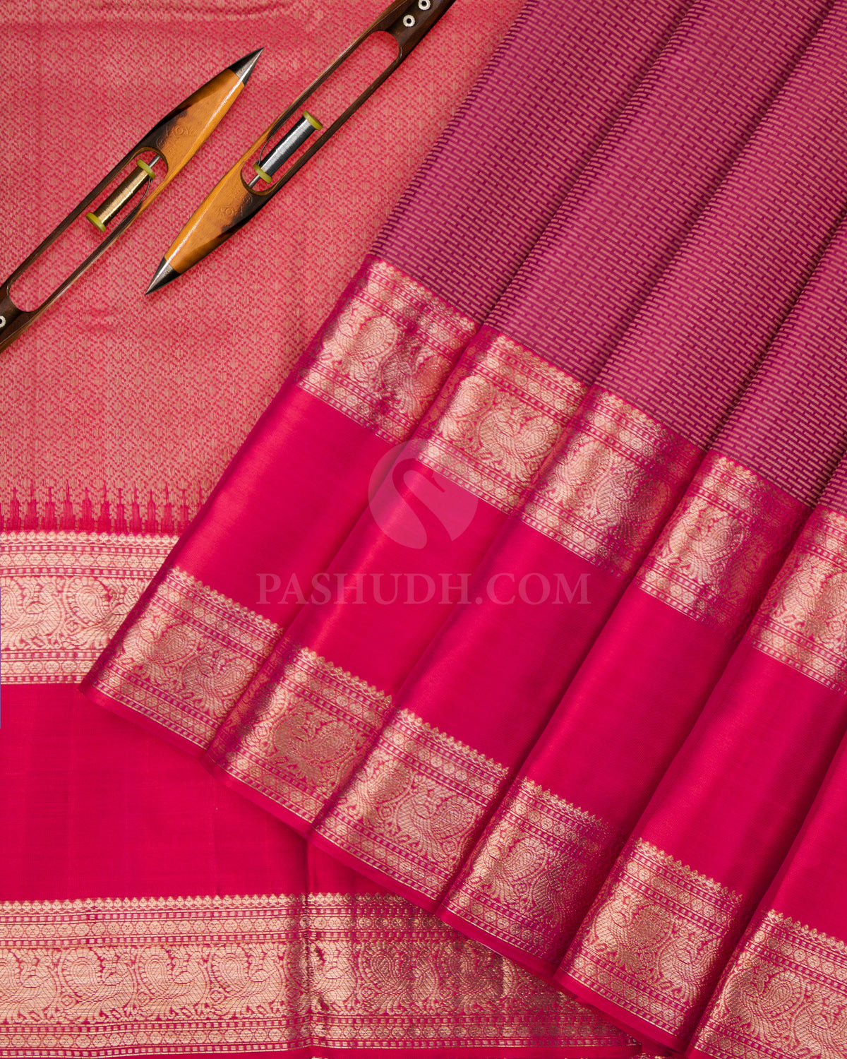 Mulberry and Hot Pink Kanjivaram Silk Saree - D459 - View 1