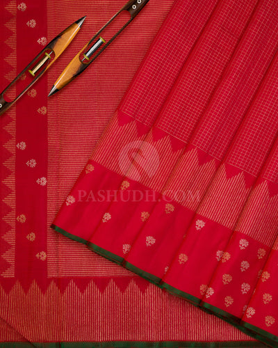 Red & Dark Green Kanjivaram Silk Saree - S973  - View 2
