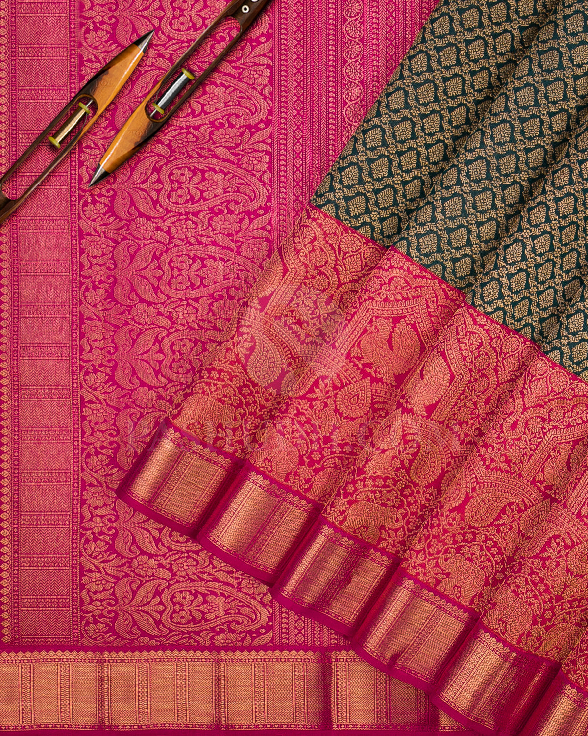 Deep Teal Green, Watermelon Pink And Rani Pink Kanjivaram Silk Saree - S1262(A)