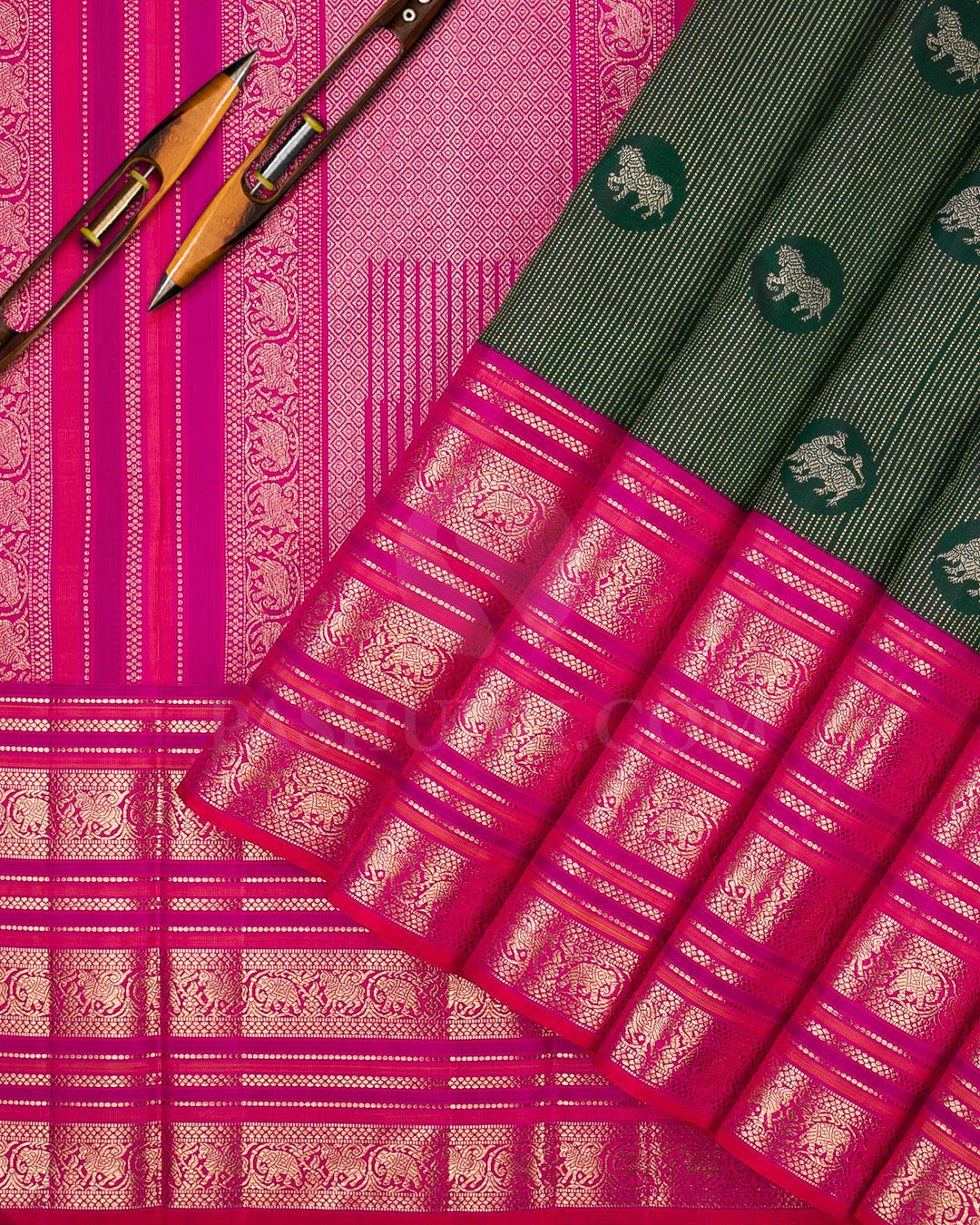 Bottle Green And Rani Pink Traditional Kanjivaram Silk Saree - S1233(A)