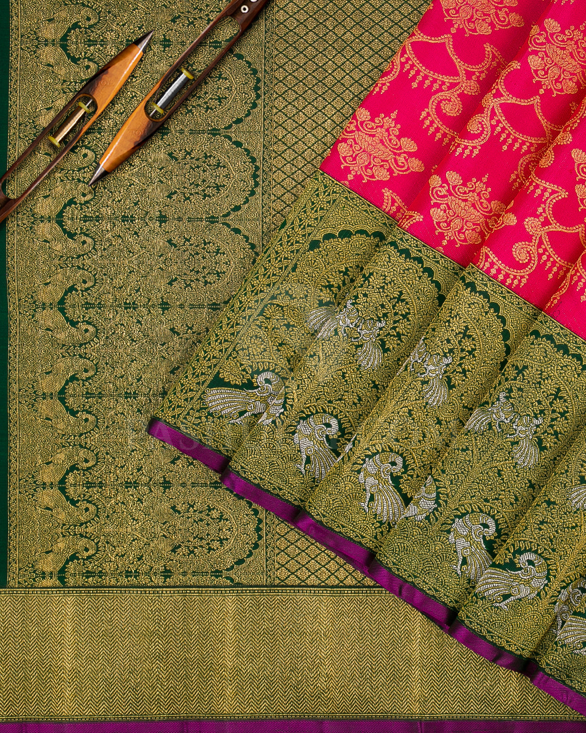 Candy Pink And Forest Green Kanjivaram Silk Saree - S1048(F)