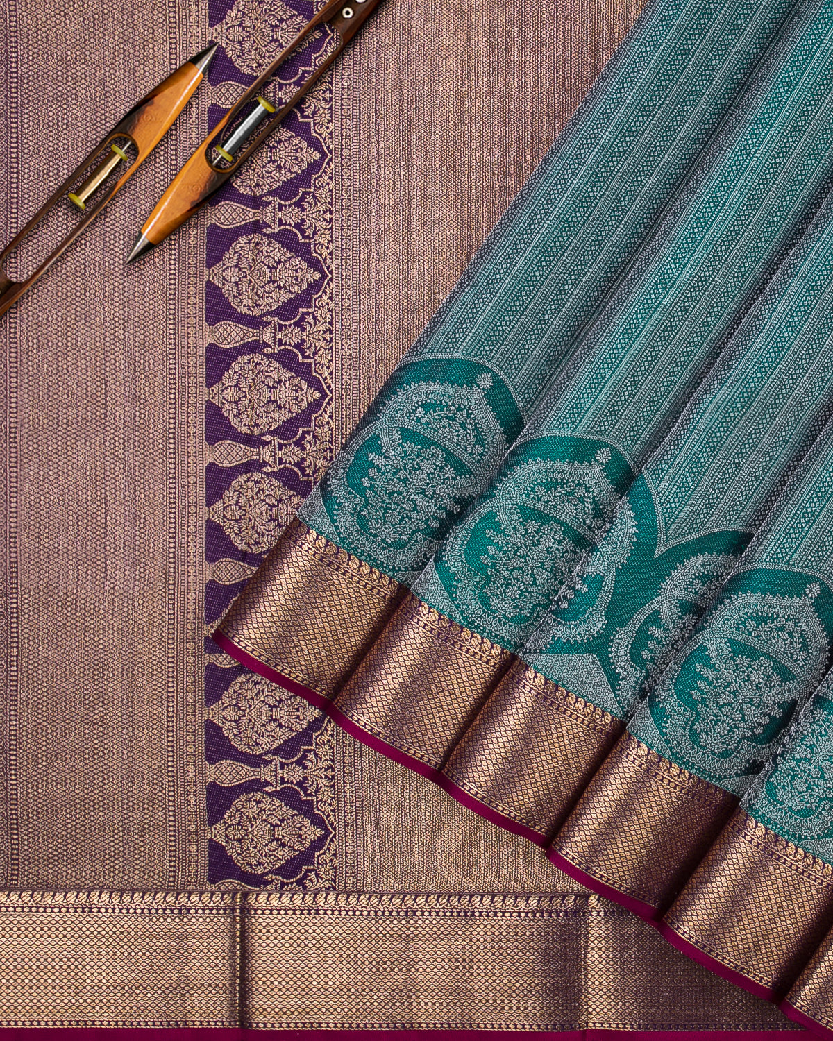 Teal Green And Purple Kanjivaram Silk Saree - D575(A)