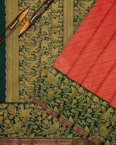 Sunset Red And Bottloe Green Kanjivaram Silk Saree - S1247(A)