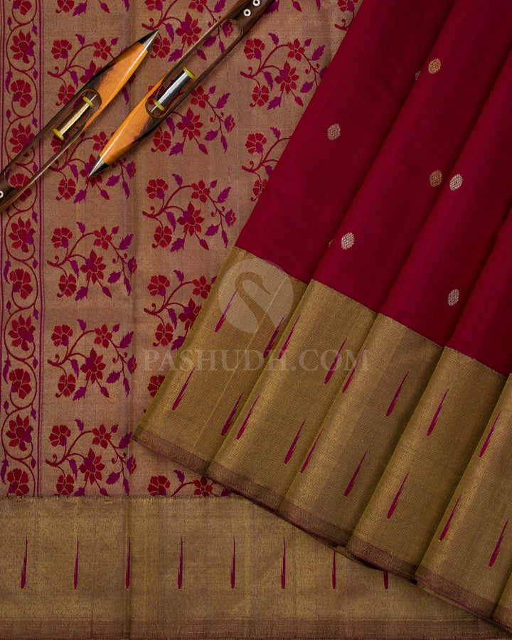 Maroon Pure Zari Kanjivaram Silk Saree with Paithani Border  - P133(A) - View 2