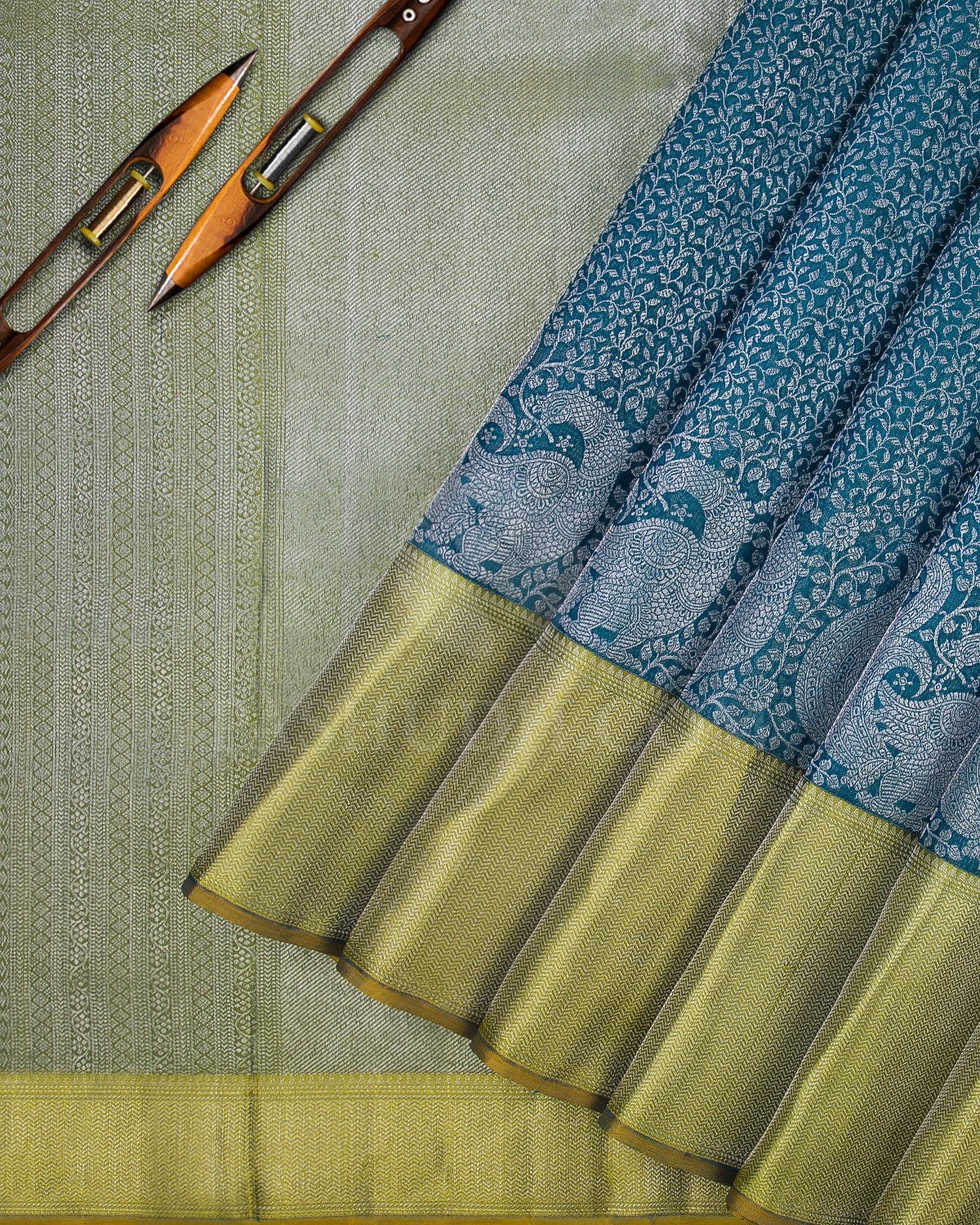 Teal and Light Green Kanjivaram Silk Saree - D528(C)