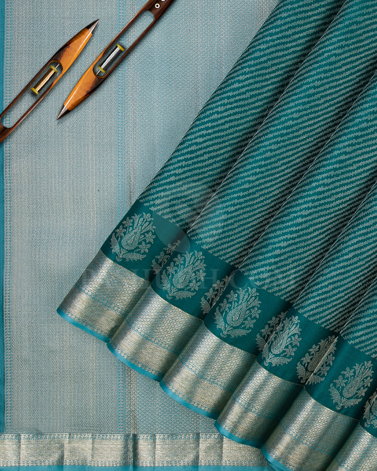 Teal Green And Powder Blue Kanjivaram Silk Saree - DT279(A)