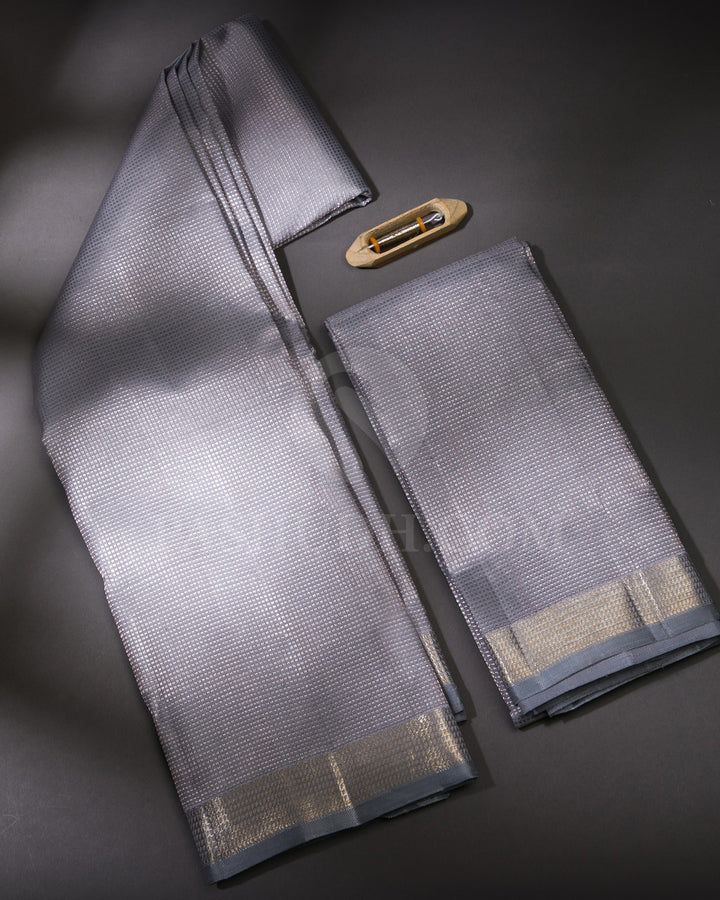 Grey Pure Kanjivaram Silk Dhoti and Angavastra - V7