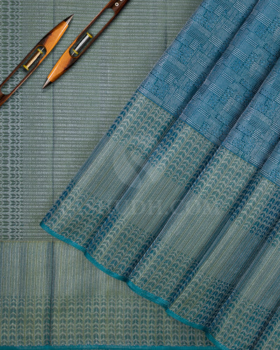 Teal Blue and Sage Green Shot Powder Blue Kanjivaram Silk Saree - D571(A)