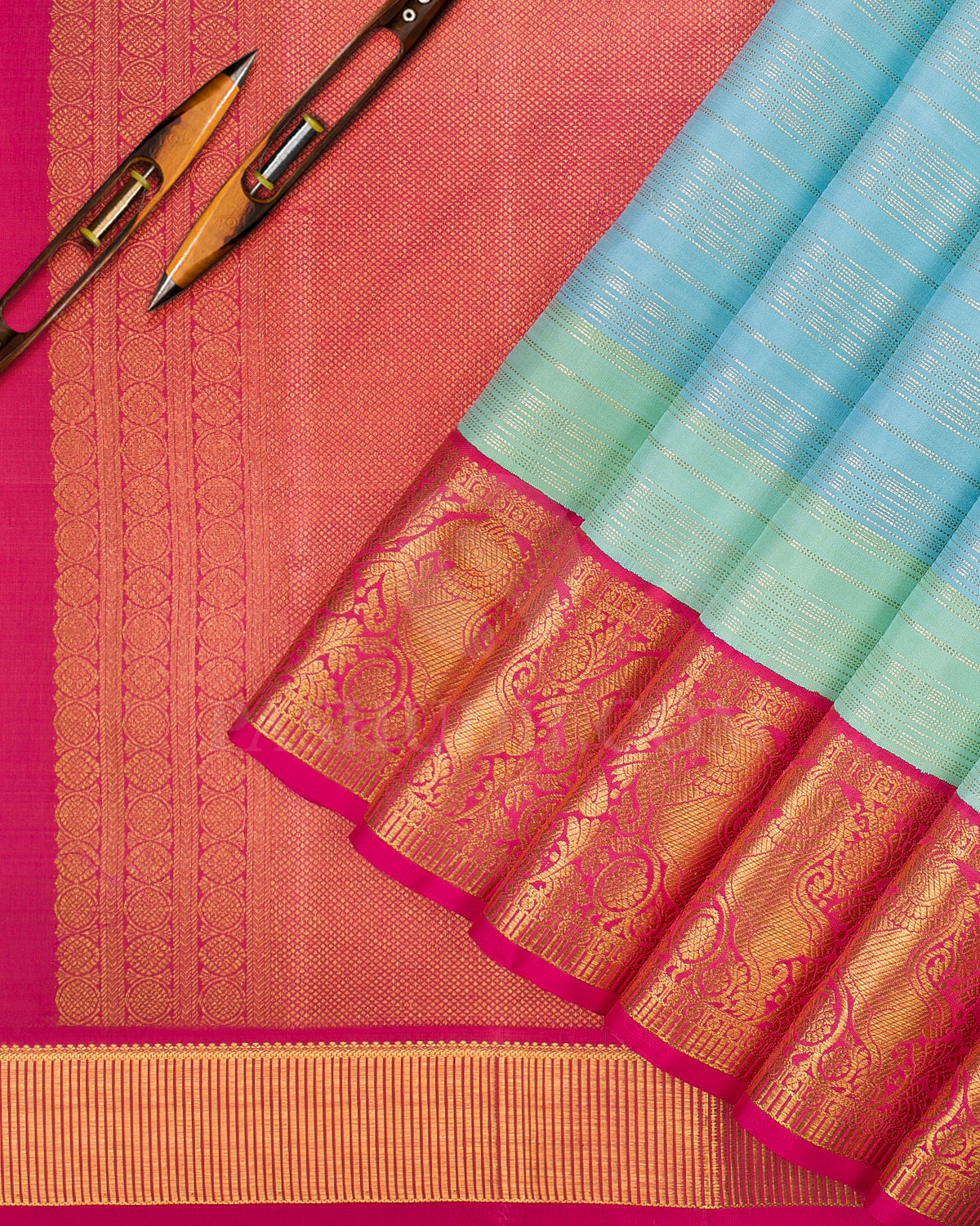 Sky Blue, Pista Green And Punch Pink Kanjivaram Silk Saree - S1222(C)