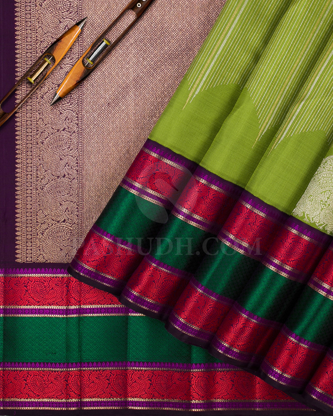Pear Green, Aubergine, Red, Green And Magenta Kanjivaram Silk Saree - S1257(A)