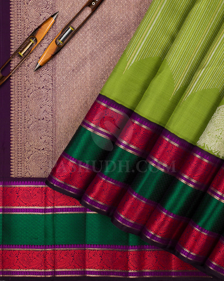Pear Green, Aubergine, Red, Green And Magenta Kanjivaram Silk Saree - S1257(A)