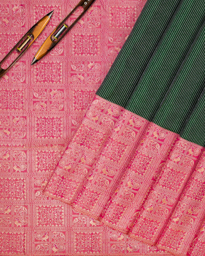 Emerald Green And Peachy Pink Kanjivaram Silk Saree - S1241(A)