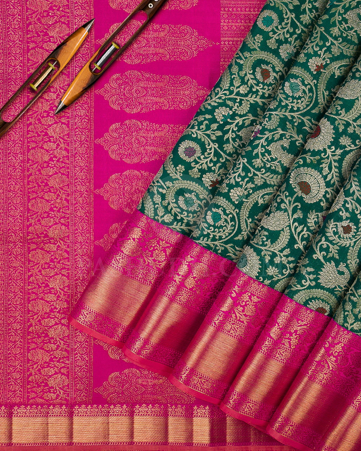 Jade Green and Rani Pink Kanjivaram Silk Saree - S1253(A)