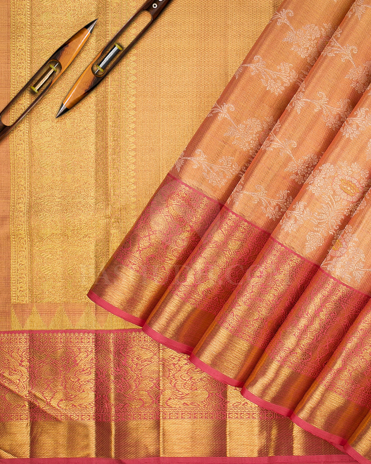 Gold And Watermelon Pink Organza Kanjivaram Silk Saree - S1169(B)