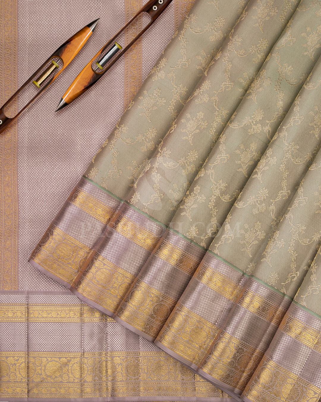 Mint Green and Pink-Grey Kanjivaram Silk Saree - DJ187 - View 2