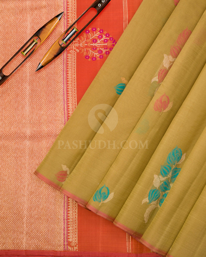Flaxen Yellow & Rust Orange Organza Kanjivaram Silk Saree - S1025(A) - View 2