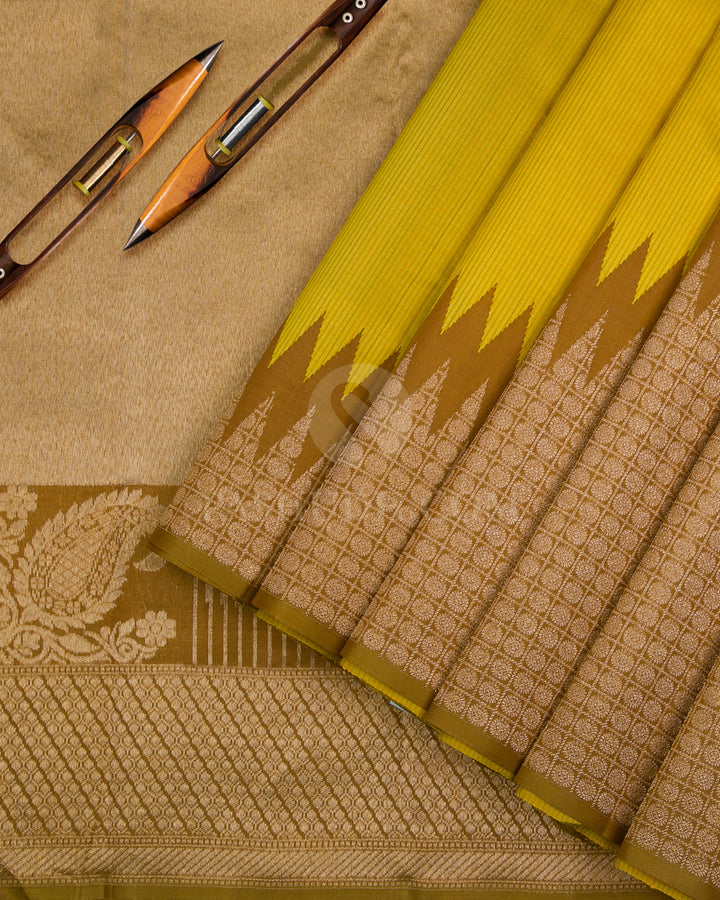 Yellow & Mehendi Green Rising Border Kanjivaram Silk Saree - S1088(A) - View 2