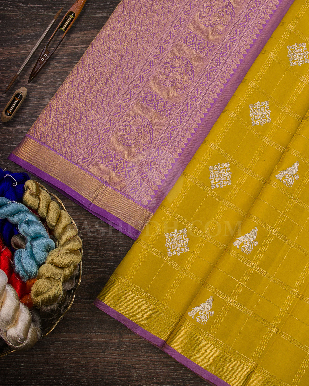 Tuscany Yellow And Lavender Traditional Kanjivaram Silk Saree 