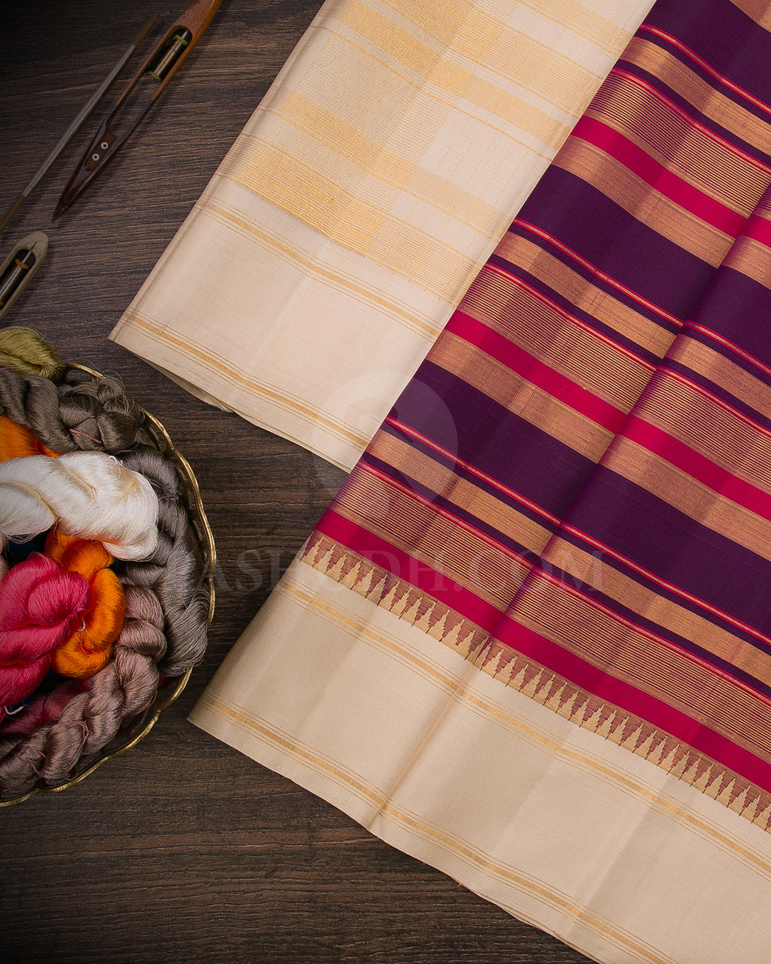 Purple, Red Shot Pink And Cream Traditional Kanjivaram Silk Saree - AK5