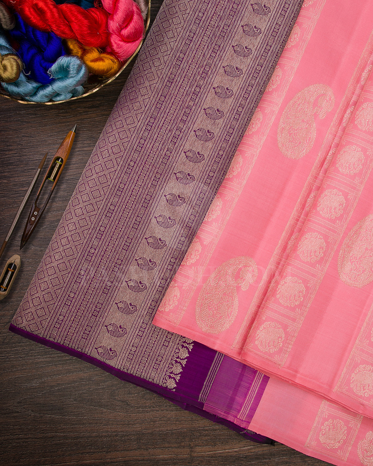 Baby Pink And Purple Traditional Borderless Kanjivaram Silk Saree - SVJ5