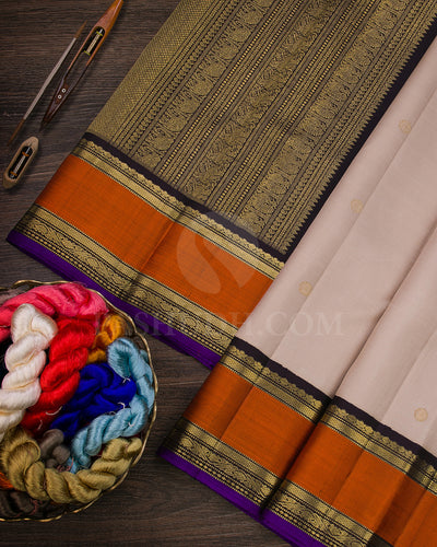 Almond White, Deep Purple And Rust Orange Traditional Kanjivaram Silk Saree - K18